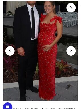 Momyknows Red Lace Bow-Shoulder Maternity Dress